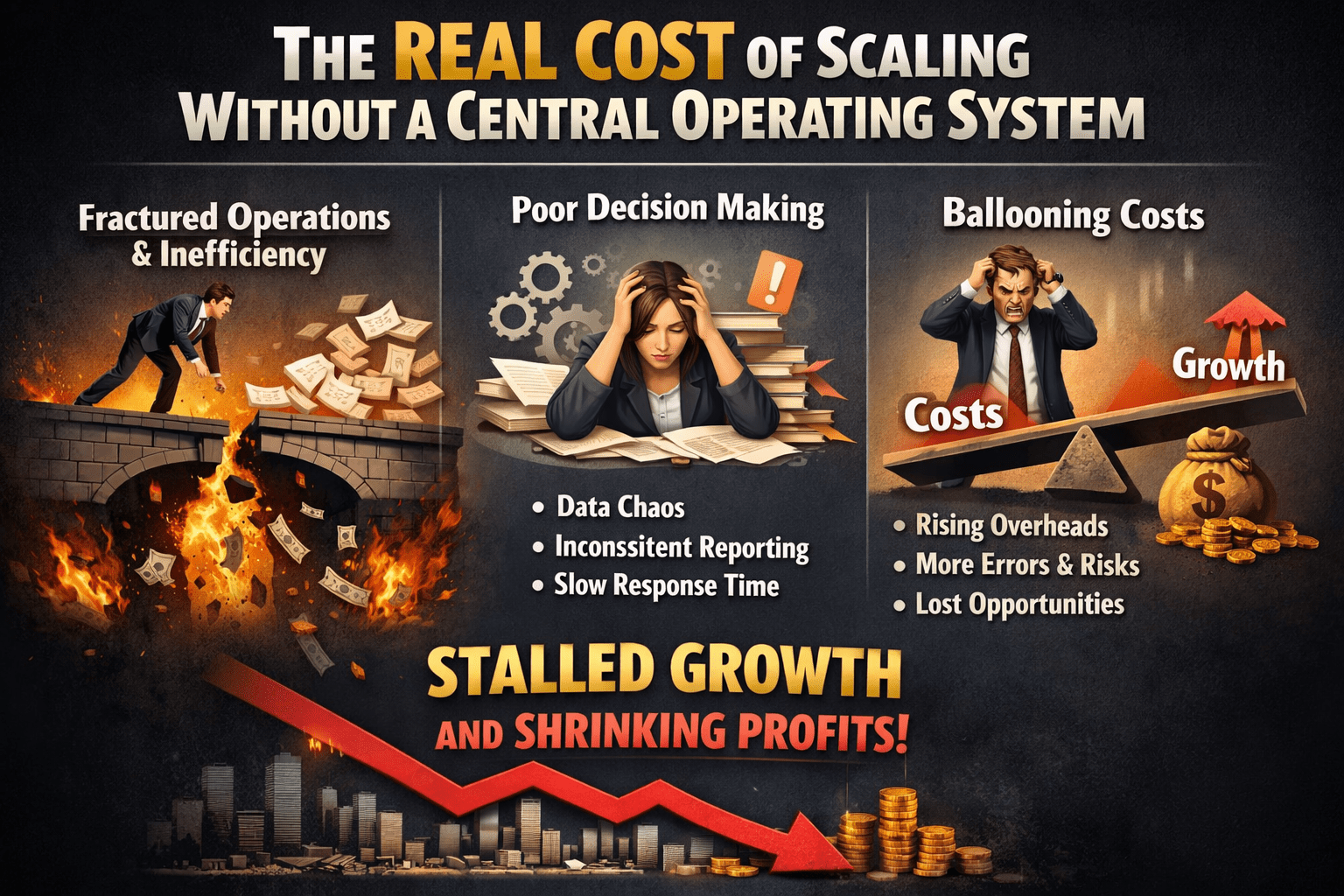 Central Operating inefficiencies causing business chaos, poor decision-making, and rising costs illustrated with charts, spreadsheets, and stressed employees.