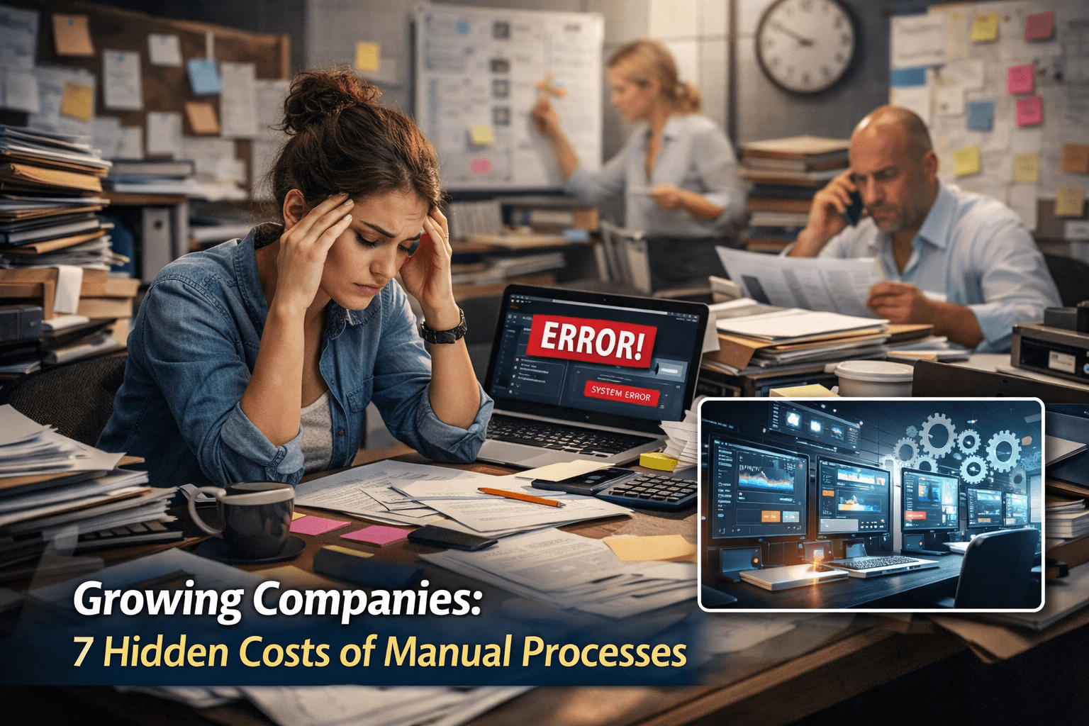 "Growing Companies struggling with manual processes, frustrated employees surrounded by paperwork and spreadsheets"