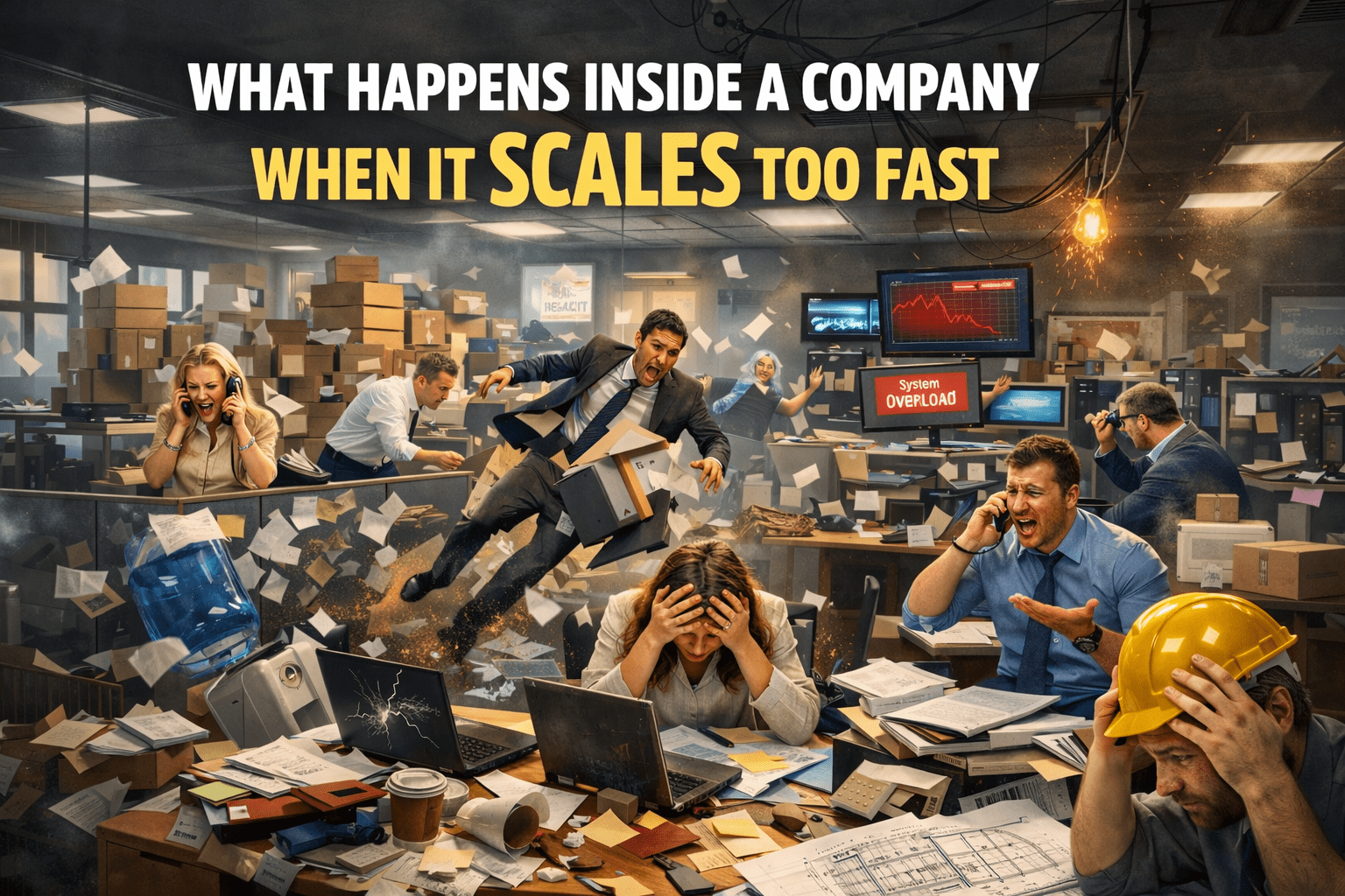 Scales Too Fast chaos inside a company office as teams struggle with overload, broken processes, and operational stress during rapid growth