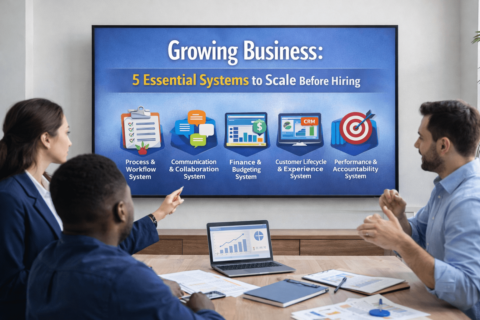 Growing Business: Team using essential systems including CRM, workflow, and budgeting to scale operations.