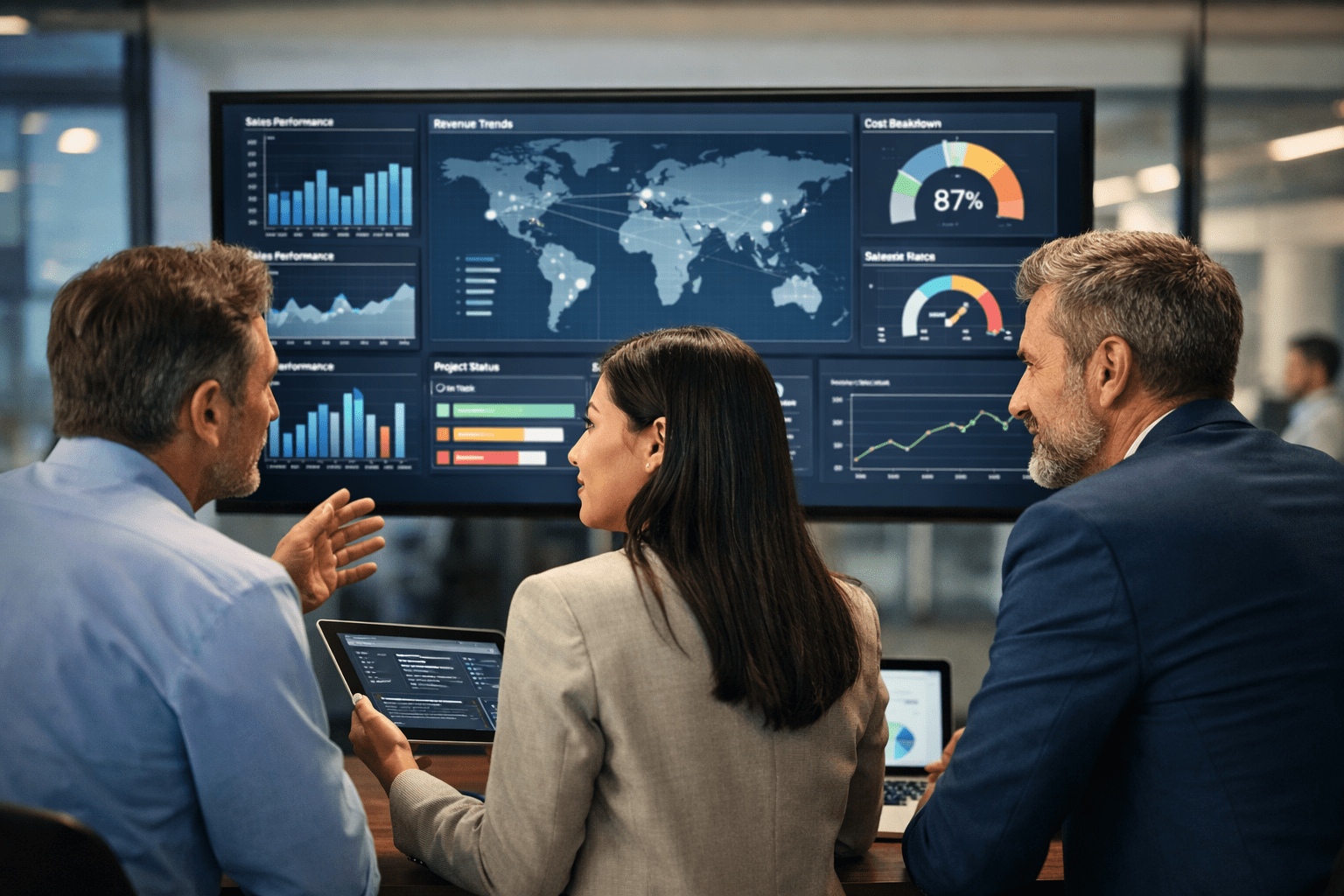 Operational Visibility in action: Business team analyzing real-time dashboards and metrics to improve performance