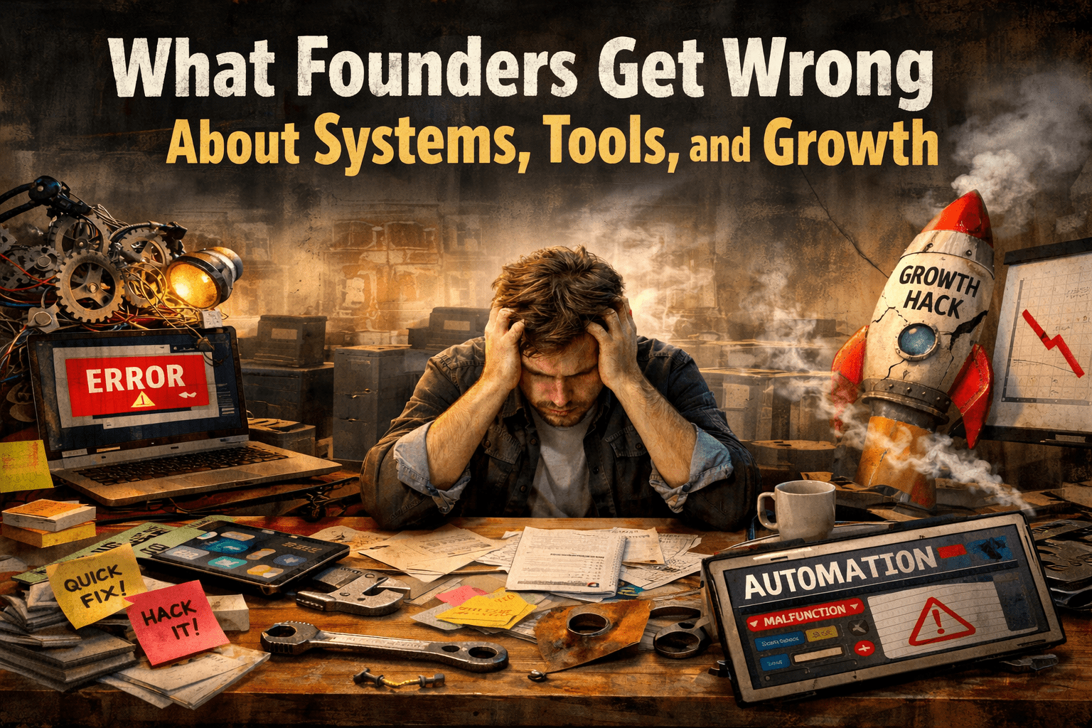 Systems, Tools, and Growth – overwhelmed startup founder surrounded by disconnected software tools and broken processes in a modern office
